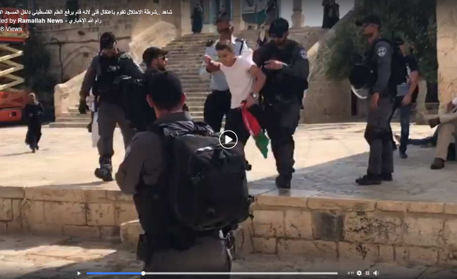 اعتقال فتى فلسطيني لرفعه العلم الفلسطيني داخل الاقصى 